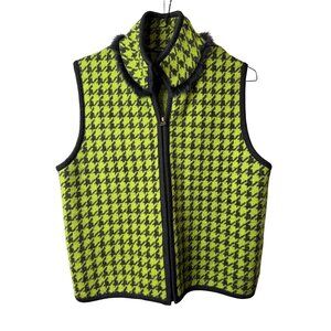 VTG Tally-Ho Womens XL 100% Wool Fleece Vest Houndstooth Neon Zip Retro Stylish